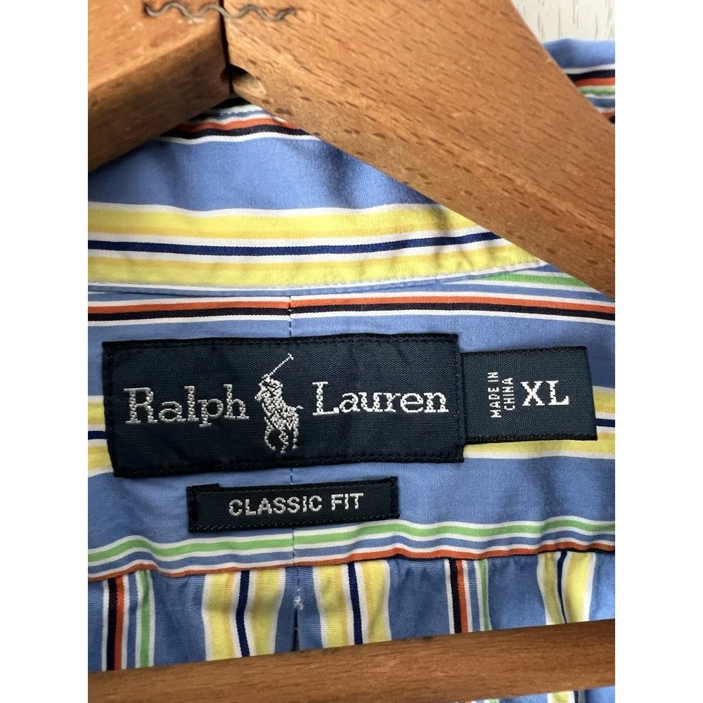 Polo Ralph Lauren Mens XL Blue Multicolor Stripe Classic Fit Button Down Pony
